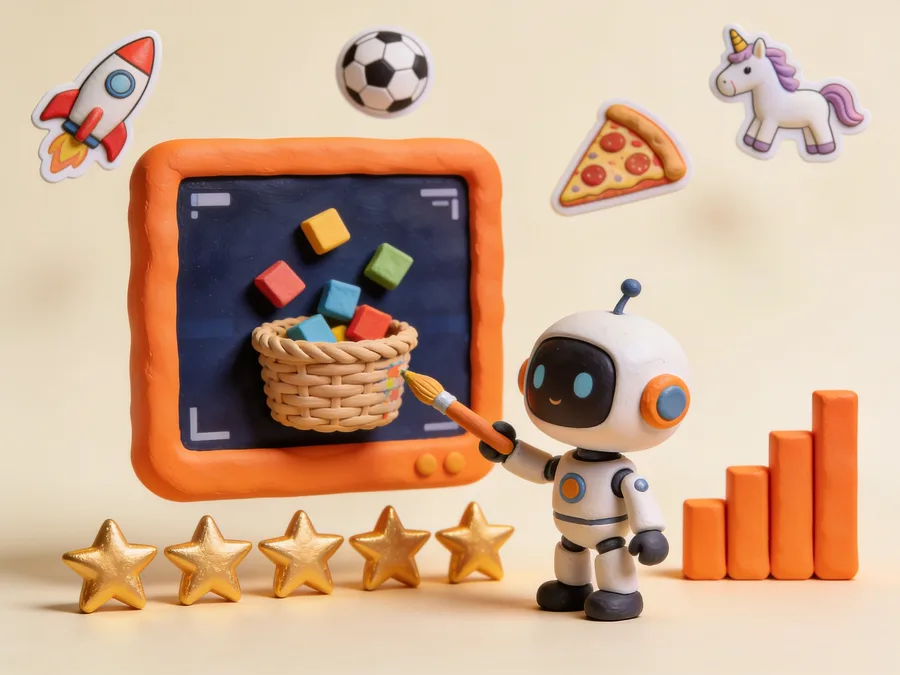 A clay robot painting new features onto its game