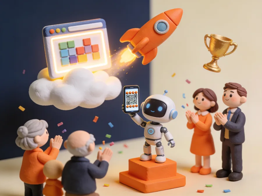 A clay robot holding up a phone with a QR code while a family claps